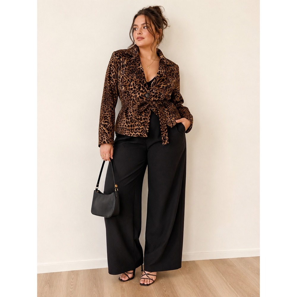 Cato Leopard Print Belted Blazer Brown Animal Pattern Peplum Jacket Size 10